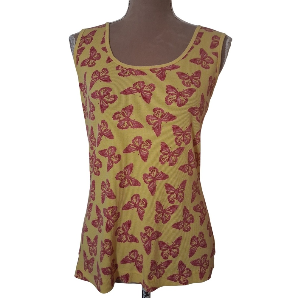 Mix & Co Womens 1X Yellow Pink Butterfly Print Ribbed Cotton Tank T Scoop Neck